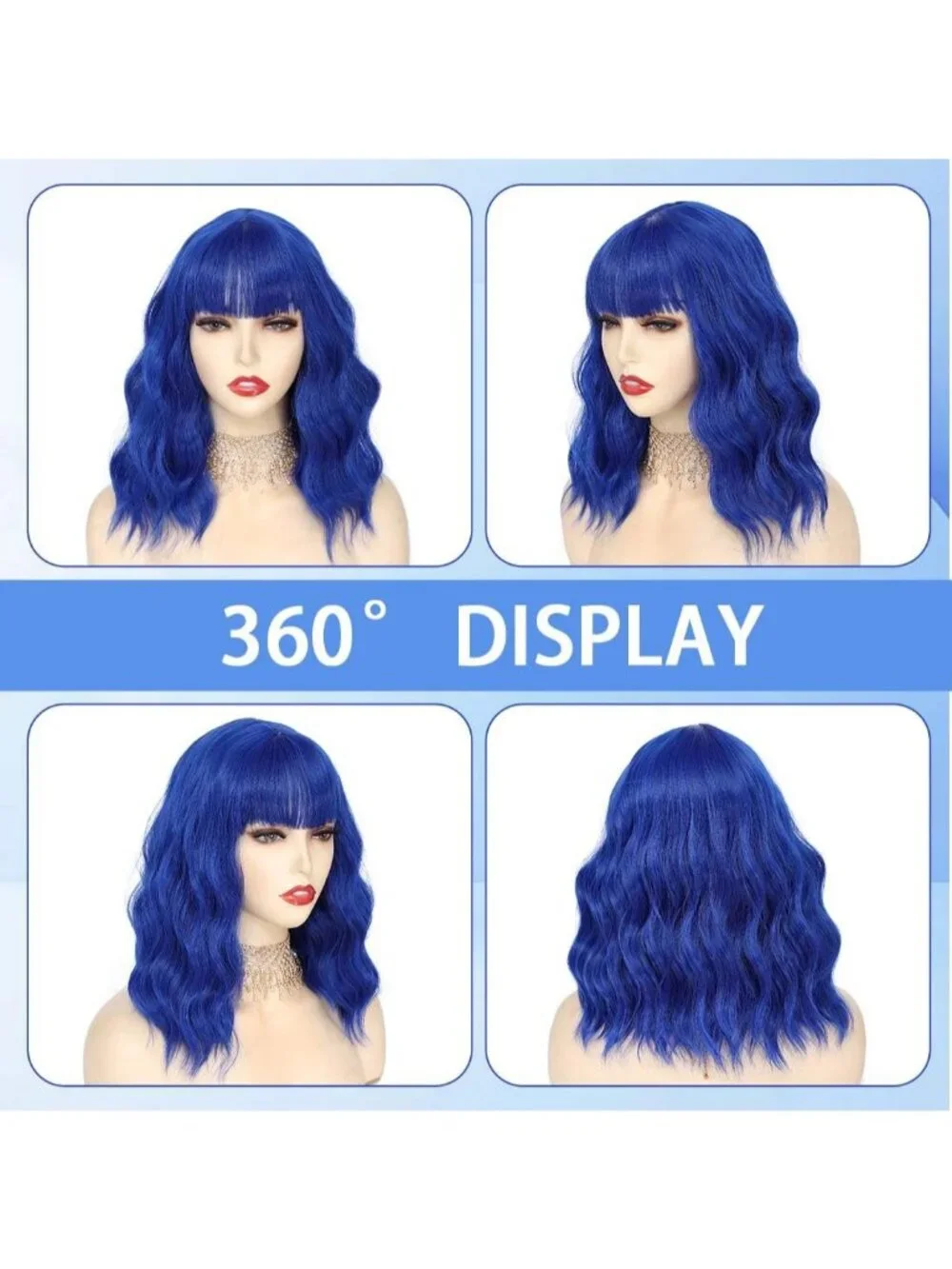 Women's Blue 14 Inch Short Shoulder Length Synthetic Bangs Wavy Bob Wig